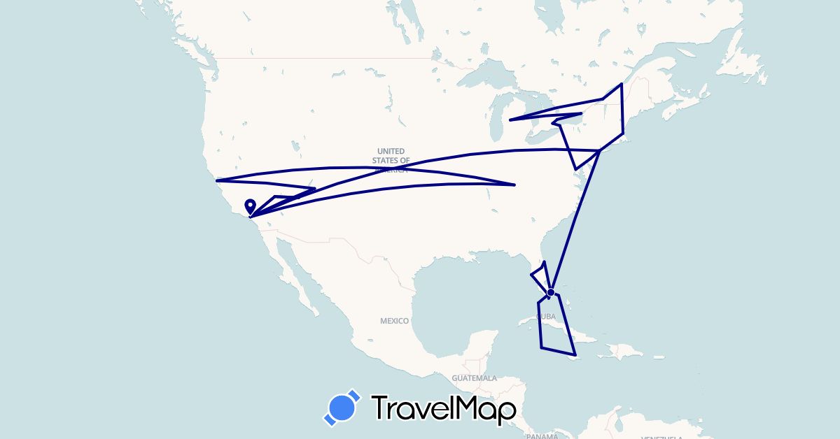 TravelMap itinerary: driving in Bahamas, Canada, Jamaica, Cayman Islands, United States (North America)